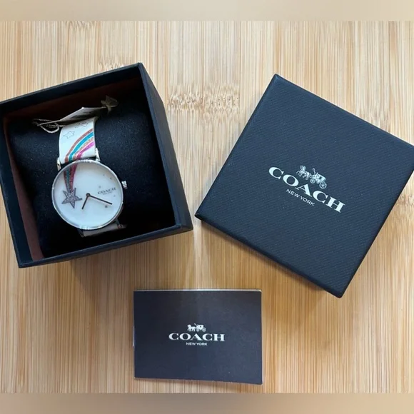 COACH PERRY WATCH WITH 36MM WHITE RAINBOW STARS FACE & WHITE LEATHER BAND - Picture 5 of 5